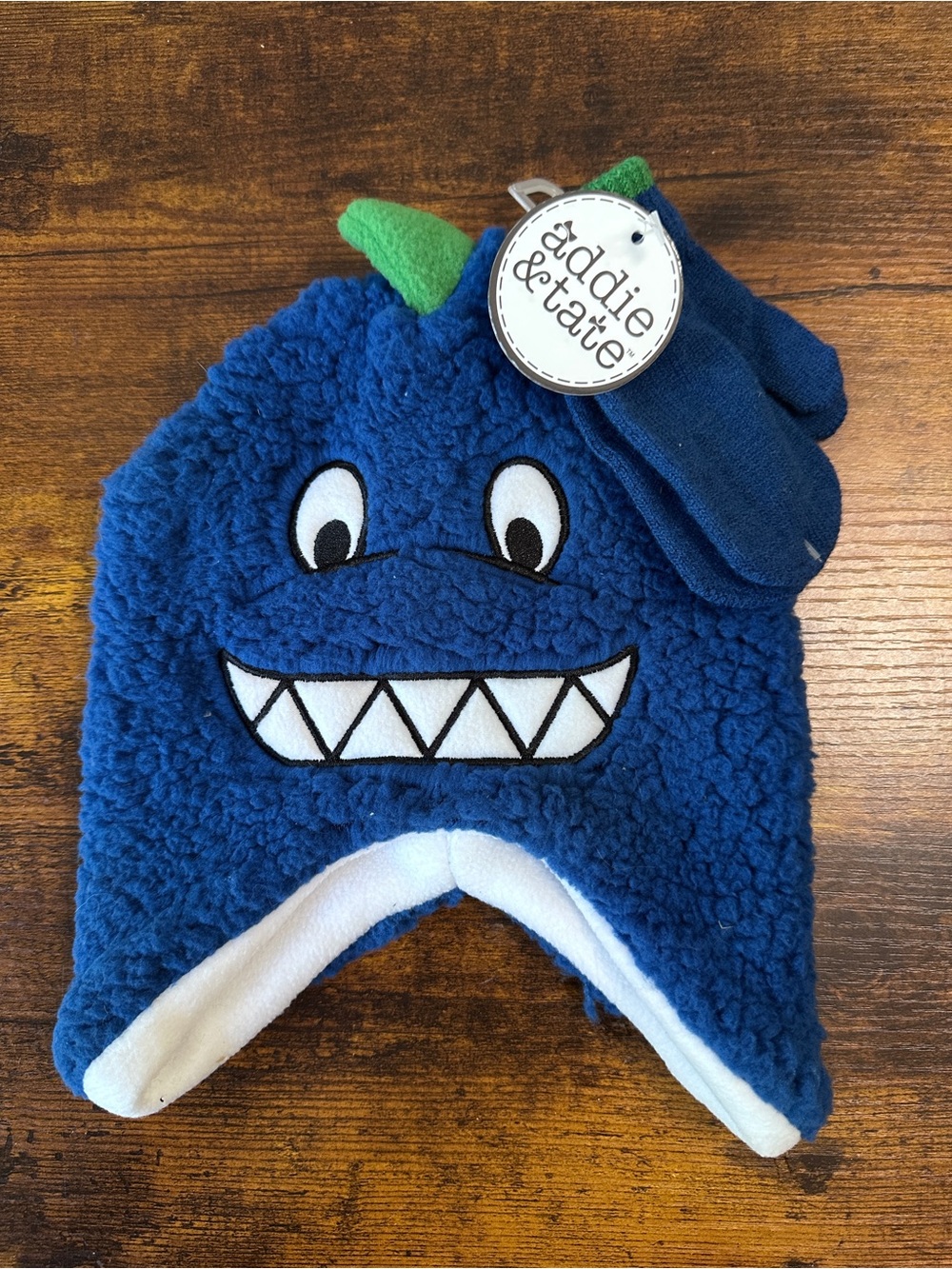 Addie & Tate Blue Monster Sherpa Winter Hat Mittens Set Baby Toddler Beanie NWT